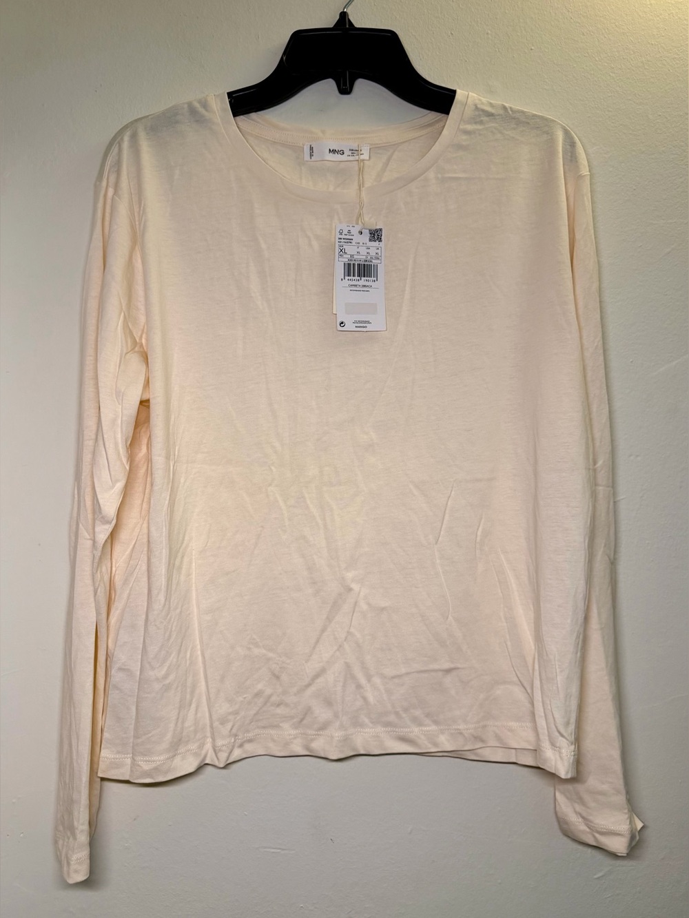 Mango Cotton Long-Sleeve Crew Neck Top in Cream